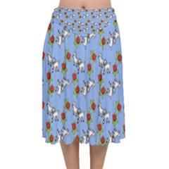 Lamb Pattern Blue Velvet Flared Midi Skirt