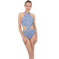 Lamb Pattern Blue Halter Side Cut Swimsuit by snowwhitegirl