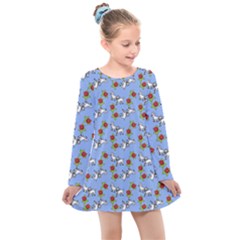 Lamb Pattern Blue Kids  Long Sleeve Dress