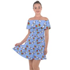 Lamb Pattern Blue Off Shoulder Velour Dress