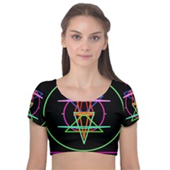 Drawing Of A Color Mandala On Black Velvet Short Sleeve Crop Top  by Sudhe