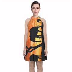 Family Of African Elephants Velvet Halter Neckline Dress  by Sudhe