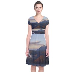 Sunrise Mount Bromo Tengger Semeru National Park  Indonesia Short Sleeve Front Wrap Dress by Sudhe