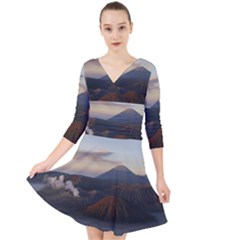 Sunrise Mount Bromo Tengger Semeru National Park  Indonesia Quarter Sleeve Front Wrap Dress by Sudhe