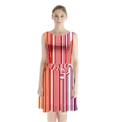 Colorful Gradient Barcode Sleeveless Waist Tie Chiffon Dress