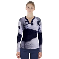 Panda Bear Sleeping V-neck Long Sleeve Top by Sudhe