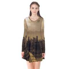 Borobudur Temple  Indonesia Long Sleeve V-neck Flare Dress