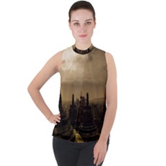 Borobudur Temple  Indonesia Mock Neck Chiffon Sleeveless Top