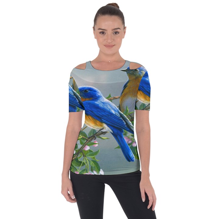 Loving Birds Shoulder Cut Out Short Sleeve Top