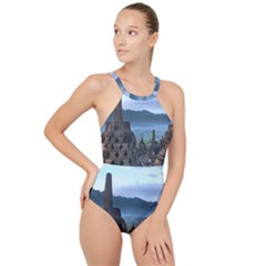 Borobudur Temple  Morning Serenade High Neck One Piece Swimsuit by Sudhe