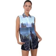 Borobudur Temple  Morning Serenade Sleeveless Chiffon Button Shirt