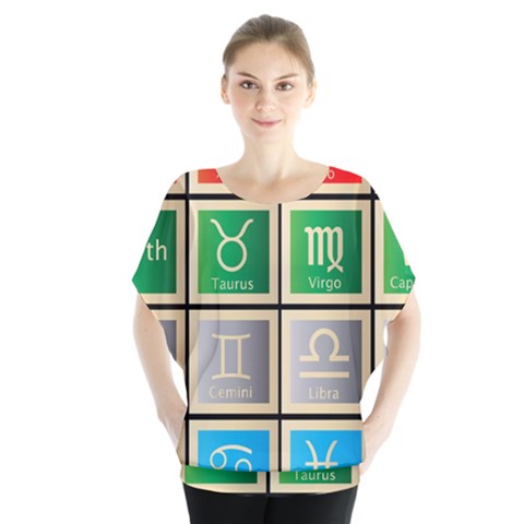 Set Of The Twelve Signs Of The Zodiac Astrology Birth Symbols Batwing Chiffon Blouse by Sudhe