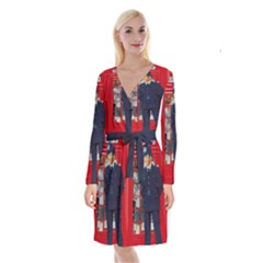 Red London Phone Boxes Long Sleeve Velvet Front Wrap Dress by Sudhe