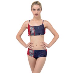 Red London Phone Boxes Layered Top Bikini Set by Sudhe