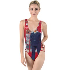 Red London Phone Boxes High Leg Strappy Swimsuit by Sudhe