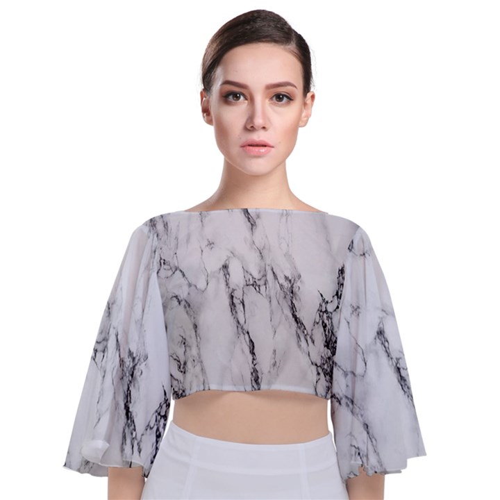 Marble Granite Pattern And Texture Tie Back Butterfly Sleeve Chiffon Top