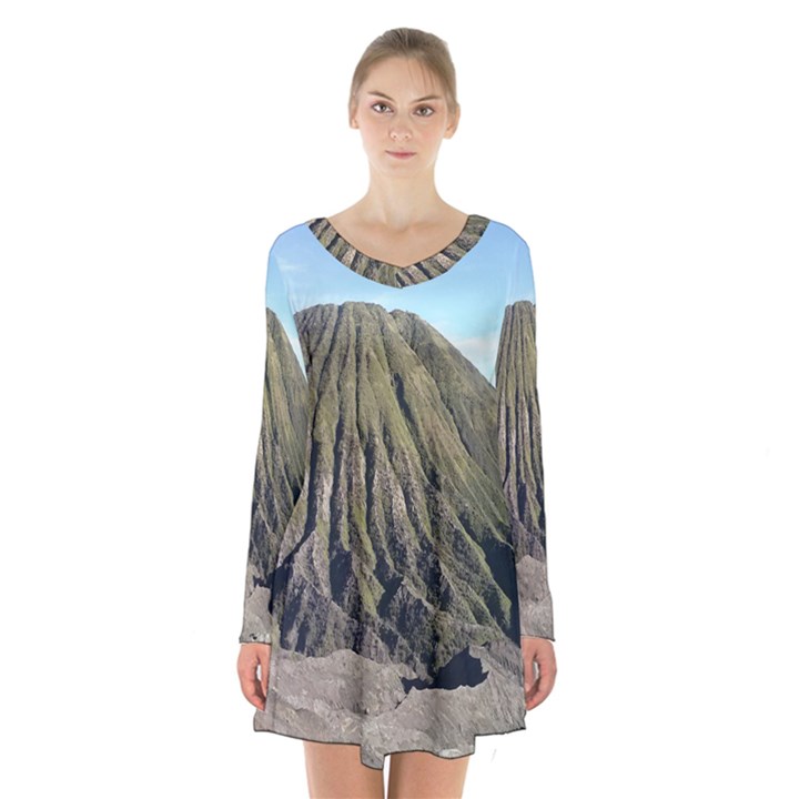 Mount Batok Bromo Indonesia Long Sleeve Velvet V-neck Dress