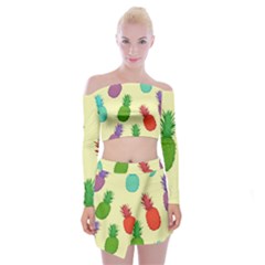 Colorful Pineapples Wallpaper Background Off Shoulder Top With Mini Skirt Set by Sudhe