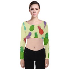 Colorful Pineapples Wallpaper Background Velvet Long Sleeve Crop Top by Sudhe