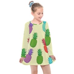 Colorful Pineapples Wallpaper Background Kids  Long Sleeve Dress by Sudhe