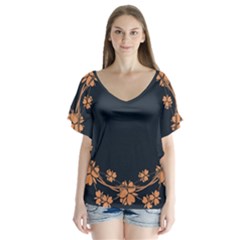 Floral Vintage Royal Frame Pattern V-neck Flutter Sleeve Top by Sudhe