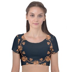 Floral Vintage Royal Frame Pattern Velvet Short Sleeve Crop Top  by Sudhe