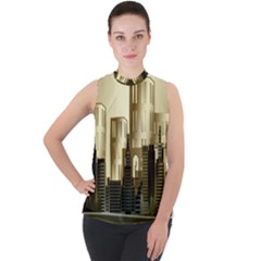 Architecture City House Mock Neck Chiffon Sleeveless Top