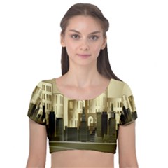 Architecture City House Velvet Short Sleeve Crop Top  by Sudhe