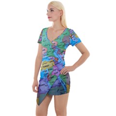 Globe World Map Maps Europe Short Sleeve Asymmetric Mini Dress by Sudhe