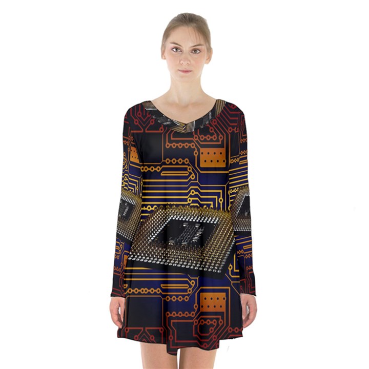 Processor Cpu Board Circuits Long Sleeve Velvet V-neck Dress