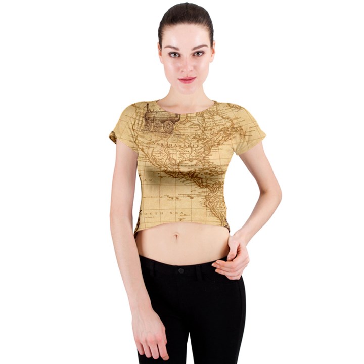 Map Discovery America Ship Train Crew Neck Crop Top