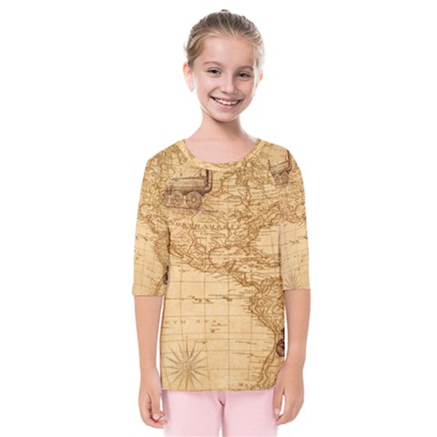 Map Discovery America Ship Train Kids  Quarter Sleeve Raglan Tee by Sudhe