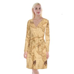 Map Discovery America Ship Train Long Sleeve Velvet Front Wrap Dress by Sudhe