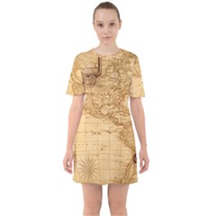 Map Discovery America Ship Train Sixties Short Sleeve Mini Dress by Sudhe