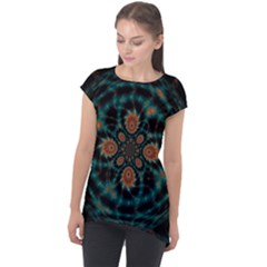 Abstract Digital Geometric Pattern Cap Sleeve High Low Top