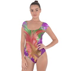 Fractal Purple Green Orange Yellow Short Sleeve Leotard  by Sudhe