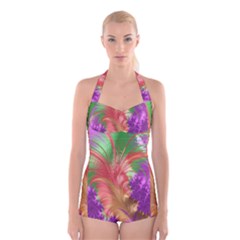 Fractal Purple Green Orange Yellow Boyleg Halter Swimsuit  by Sudhe