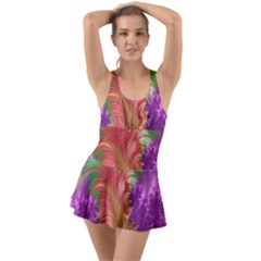 Fractal Purple Green Orange Yellow Ruffle Top Dress Swimsuit by Sudhe