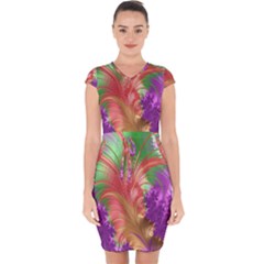 Fractal Purple Green Orange Yellow Capsleeve Drawstring Dress  by Sudhe