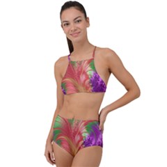 Fractal Purple Green Orange Yellow High Waist Tankini Set