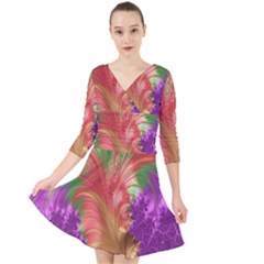 Fractal Purple Green Orange Yellow Quarter Sleeve Front Wrap Dress by Sudhe