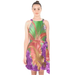 Fractal Purple Green Orange Yellow Halter Collar Waist Tie Chiffon Dress by Sudhe