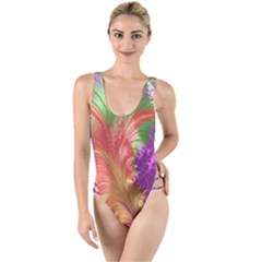 Fractal Purple Green Orange Yellow High Leg Strappy Swimsuit by Sudhe