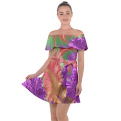 Fractal Purple Green Orange Yellow Off Shoulder Velour Dress