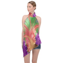 Fractal Purple Green Orange Yellow Halter Asymmetric Satin Top by Sudhe