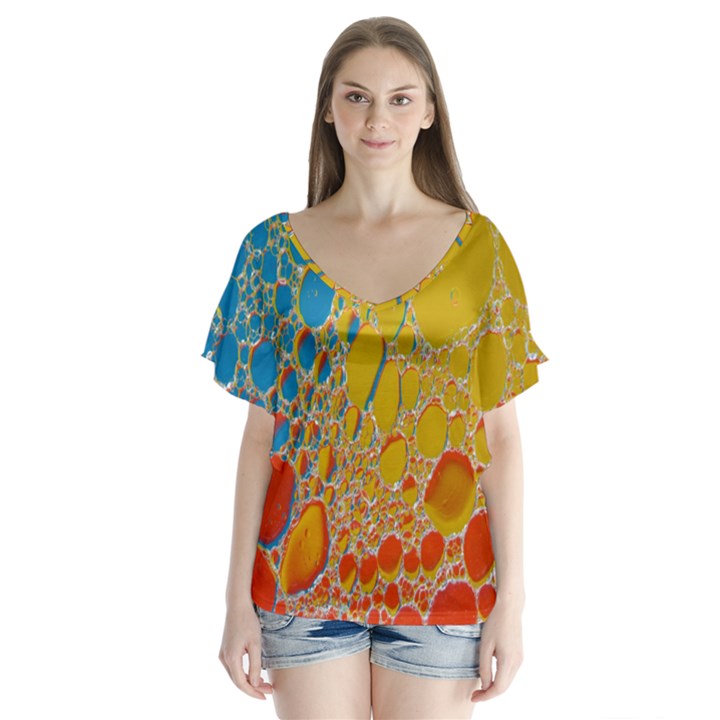 Bubbles Abstract Lights Yellow V-Neck Flutter Sleeve Top