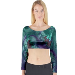 Fractal Turquoise Feather Swirl Long Sleeve Crop Top by Sudhe