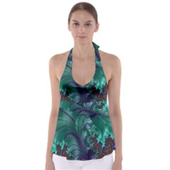 Fractal Turquoise Feather Swirl Babydoll Tankini Top by Sudhe