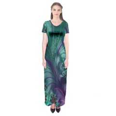 Fractal Turquoise Feather Swirl Short Sleeve Maxi Dress by Sudhe