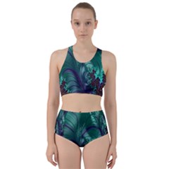 Fractal Turquoise Feather Swirl Racer Back Bikini Set by Sudhe